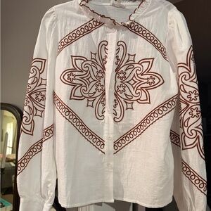 Embroidered White and Brown Blouse